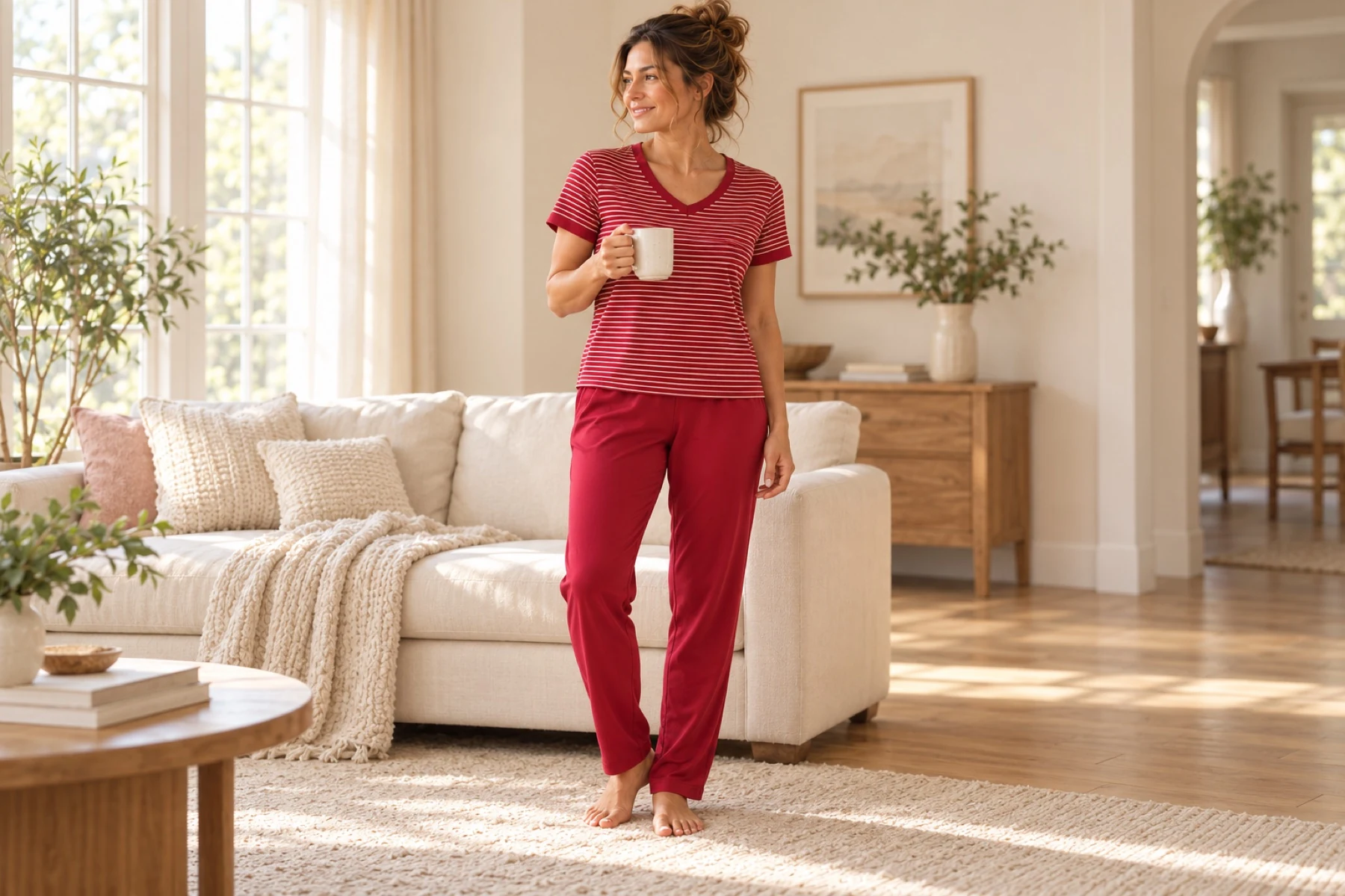 AI Sunday Set concept: adult woman in a cherry stripe V-neck top and softly tapered stretch pants, standing at home with coffee.